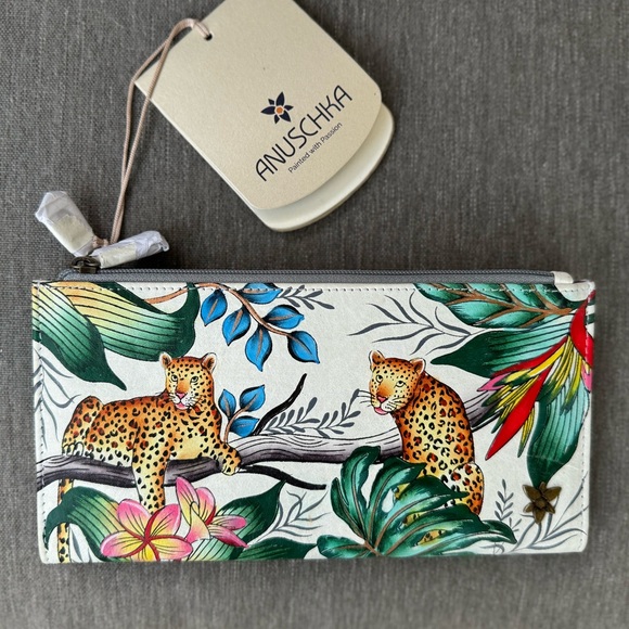 Handbags - NWT ONE OF A KIND Anuschka Hand-Painted Leopard & Tropical Design Wallet RFID